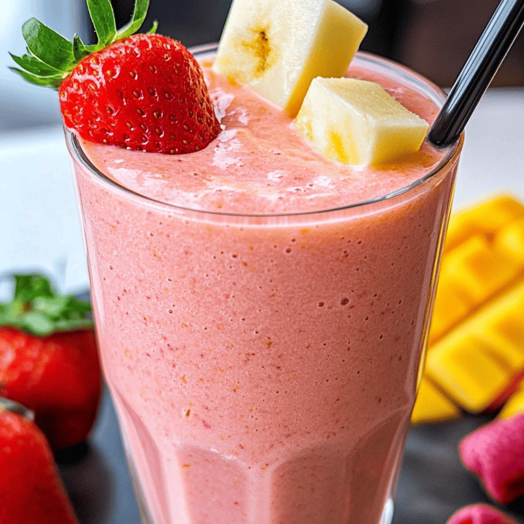 Bahama Mama tropical smoothie made with strawberry, banana, and mango