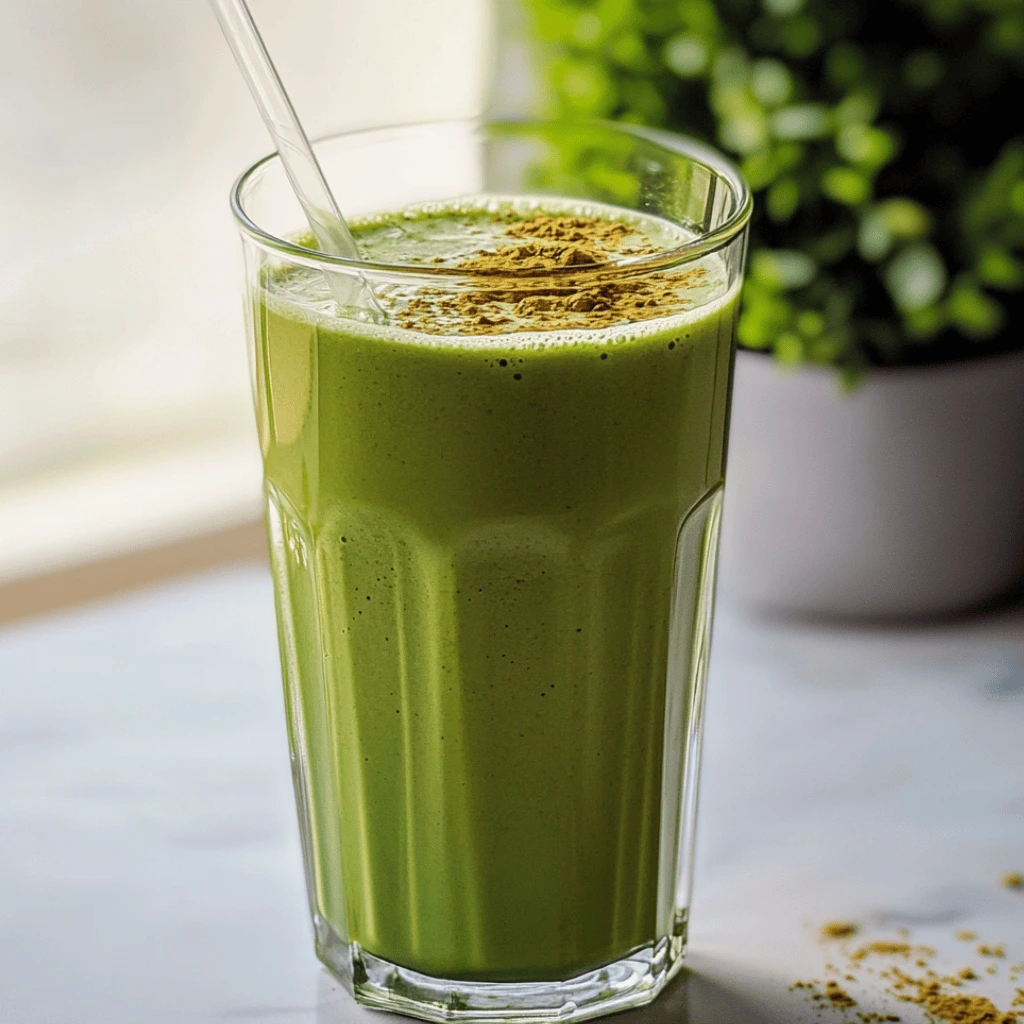 Creamy matcha tea protein shake in a tall glass with green powder topping
