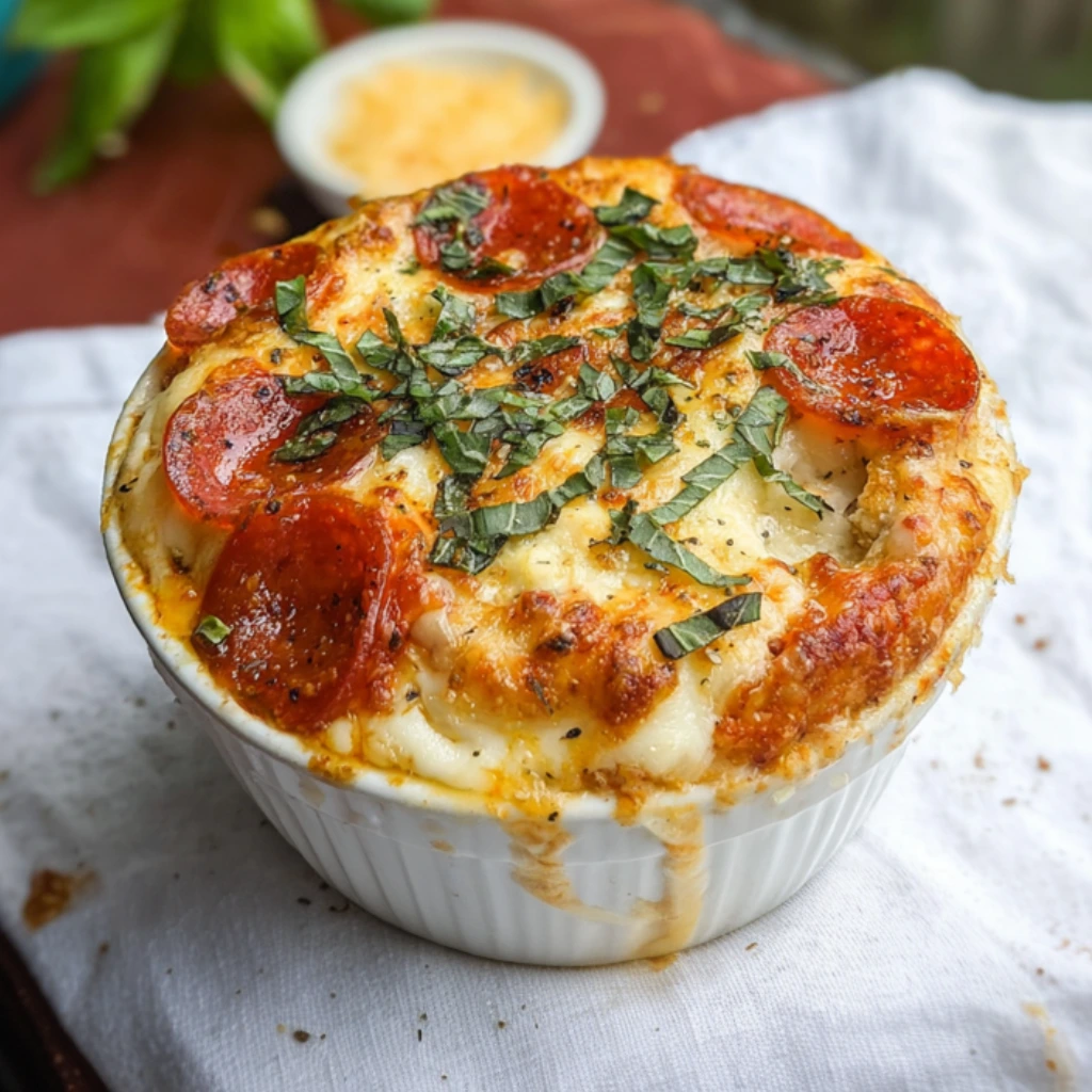 Baked cottage cheese pizza bowl topped with pepperoni and chopped basil