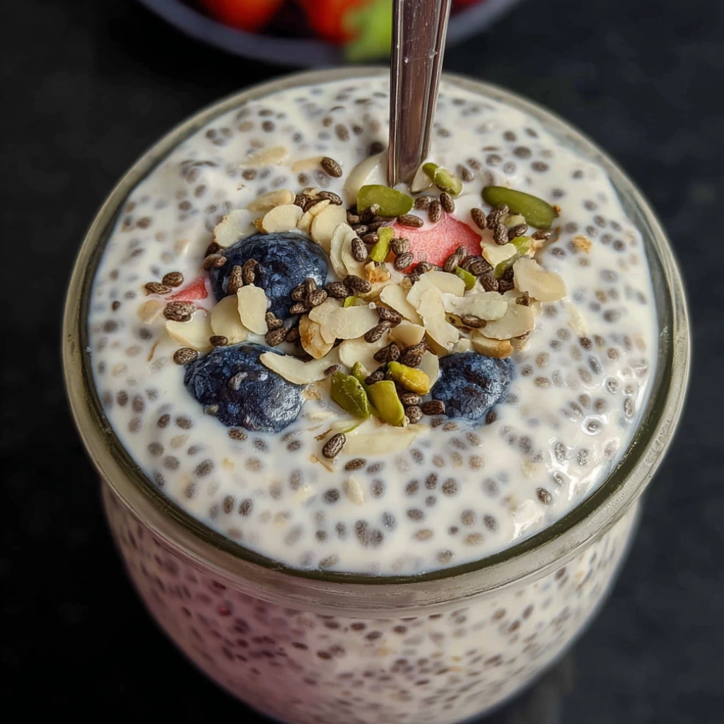 lass of chia yogurt topped with strawberries, raspberries, blackberries, and blueberries
