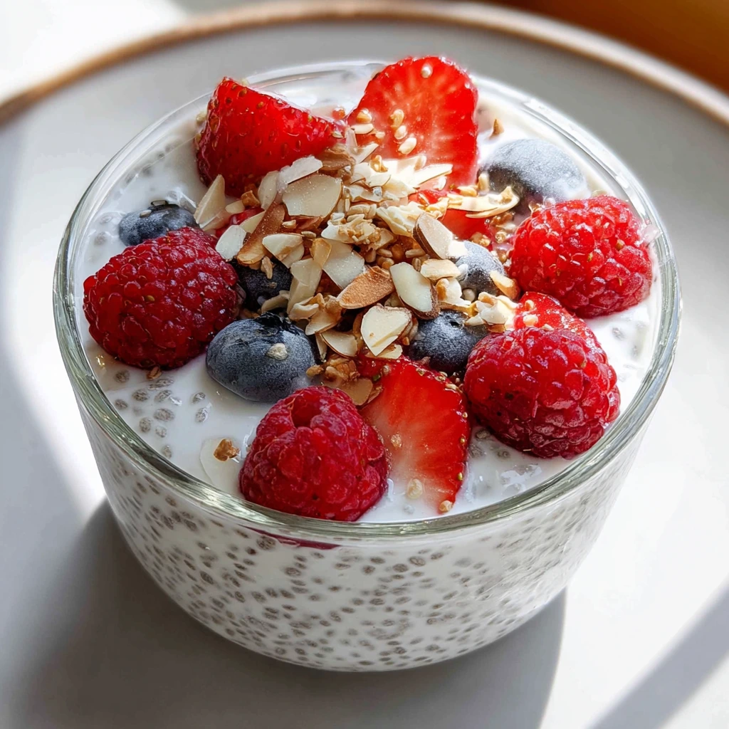 Chia yogurt in a glass topped with banana slices, strawberries, and a spoonful of pudding