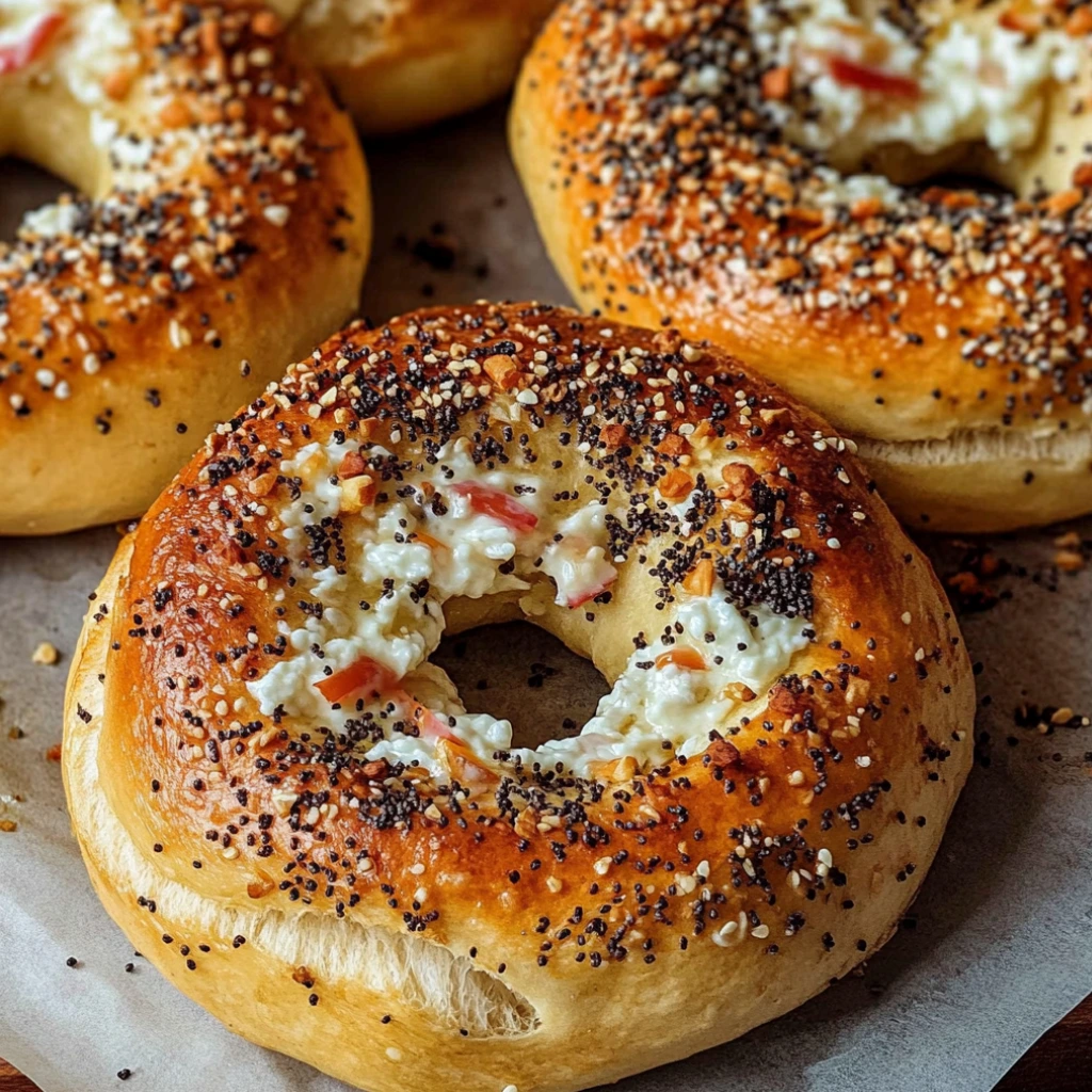 Golden baked cottage cheese bagel topped with everything seasoning