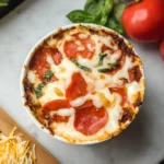 Cottage cheese pizza bowl topped with mozzarella, pepperoni, and fresh basil