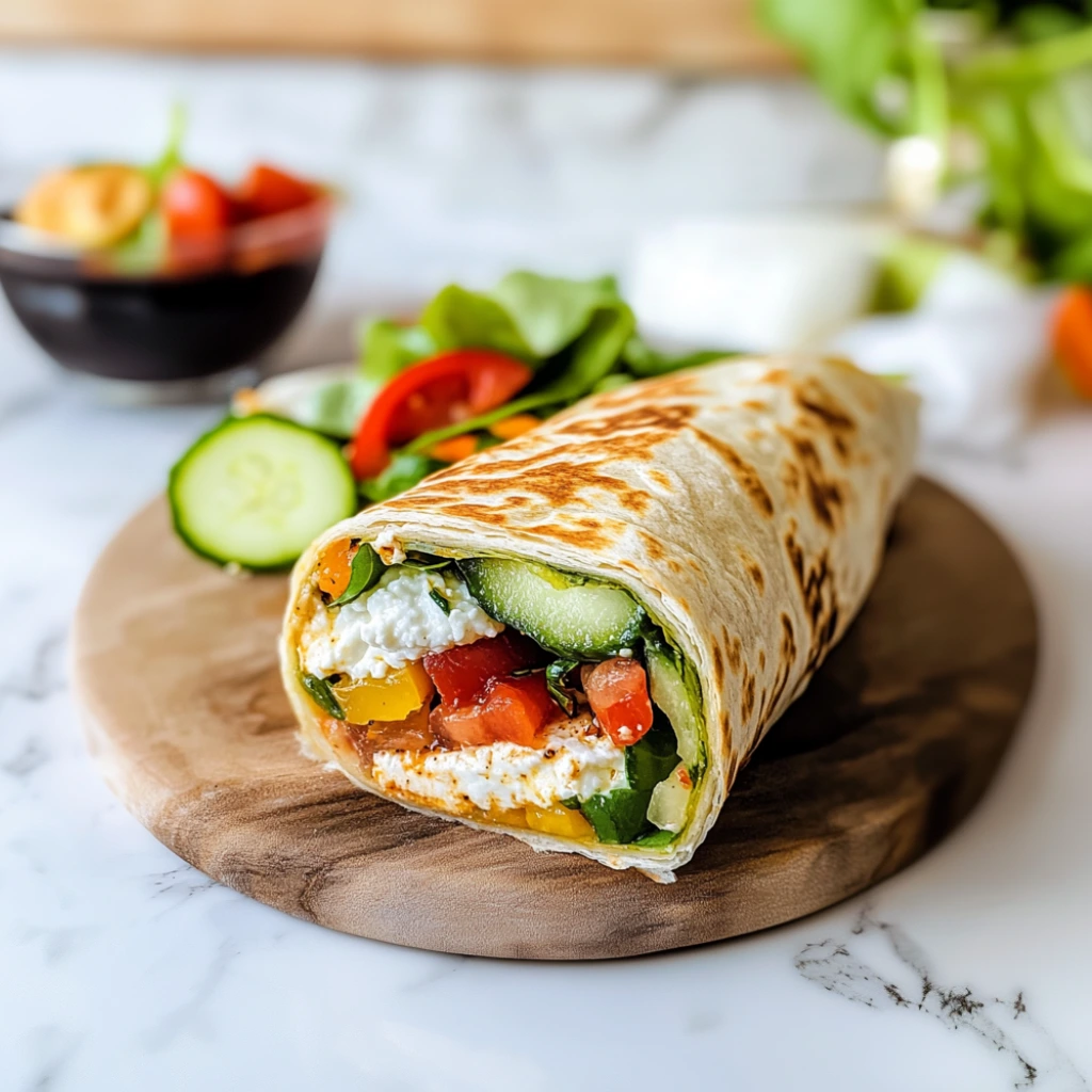 Egg-free cottage cheese wrap with cucumber, tomato, and greens
