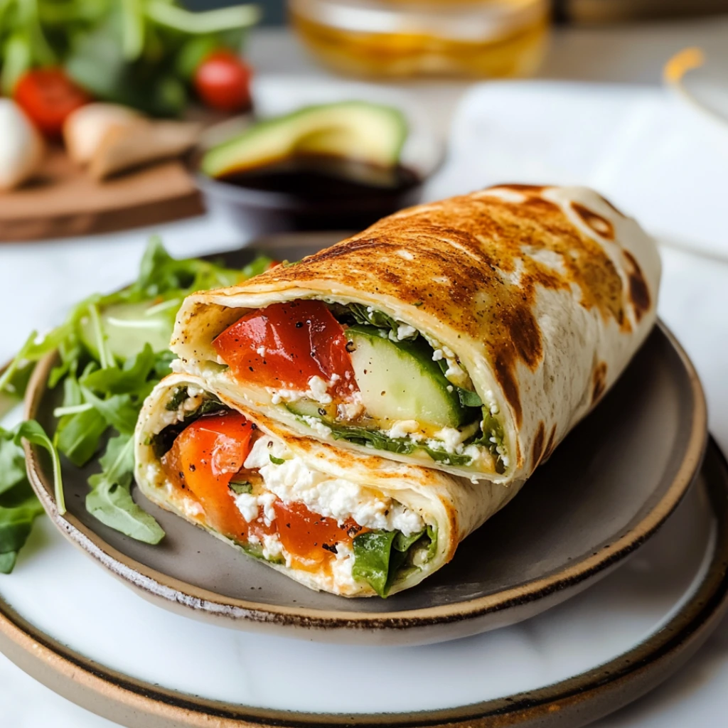 Cottage cheese wrap no egg with roasted red peppers, cucumber, and arugula