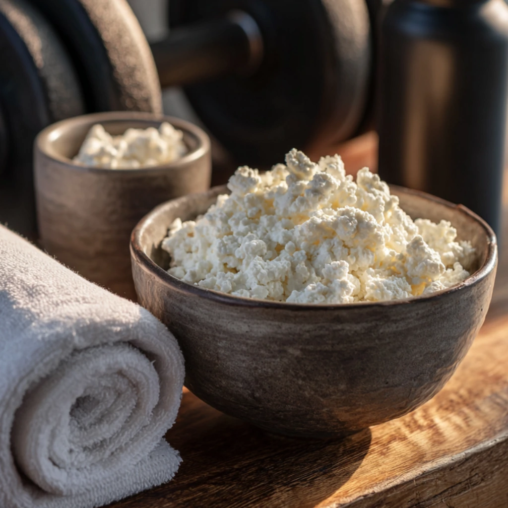 High-protein cottage cheese in a bowl next to dumbbells and workout gear