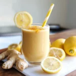 lemon ginger smoothie in a clear glass with lemon slice and straw