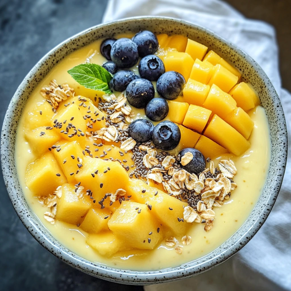 High Protein Recipes mango yogurt bowl with kiwi, blueberries, chia, and granola