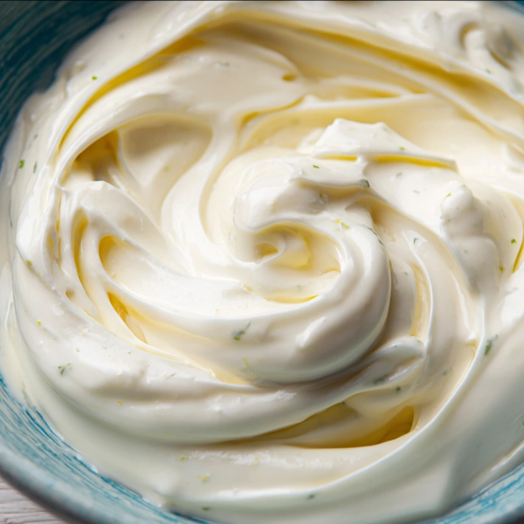 Swirled Greek yogurt mayonnaise with lemon and herbs