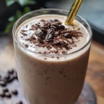 Creamy protein and coffee shake topped with cacao and coffee beans
