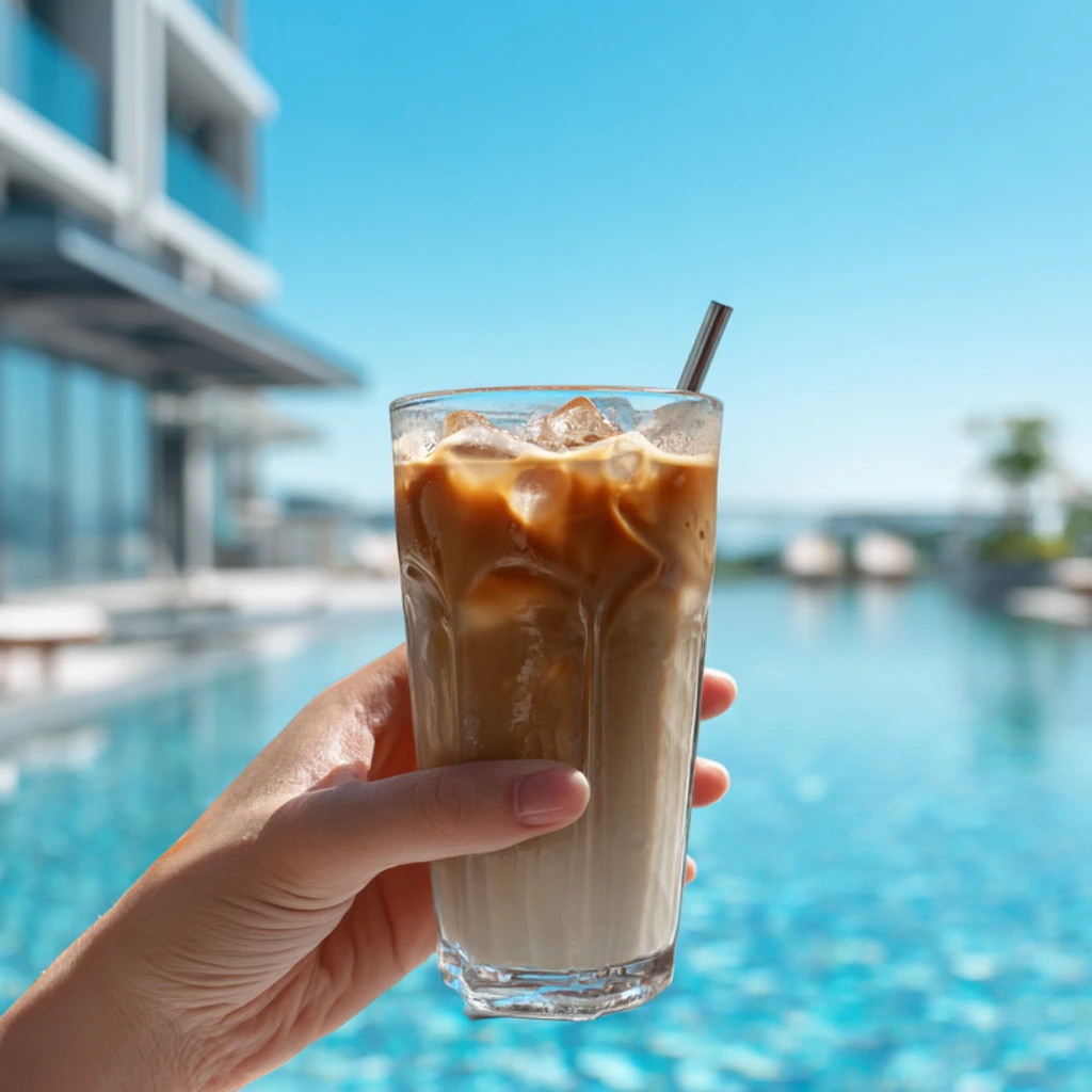 Hand holding a glass of iced protein coffee by the pool