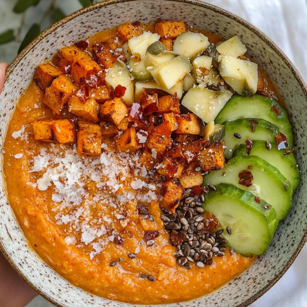 Sweet potato protein bowl with cucumber, seeds, and roasted cubes