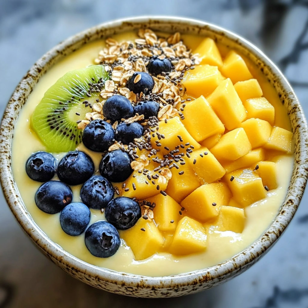 tropical mango yogurt bowl with fresh mint, blueberries, and oats