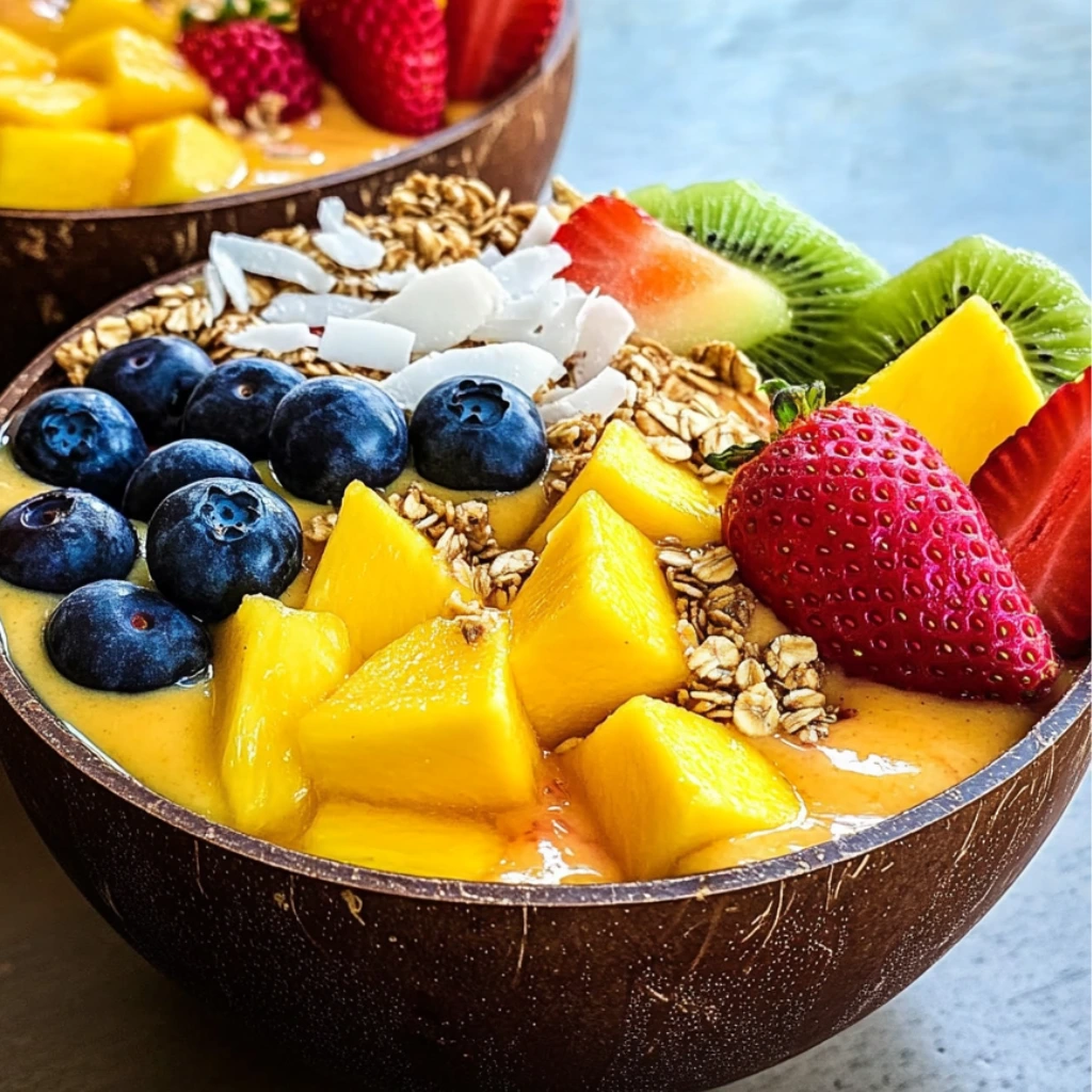 Ingredients for tropical smoothie bowl including mango, strawberries, and orange