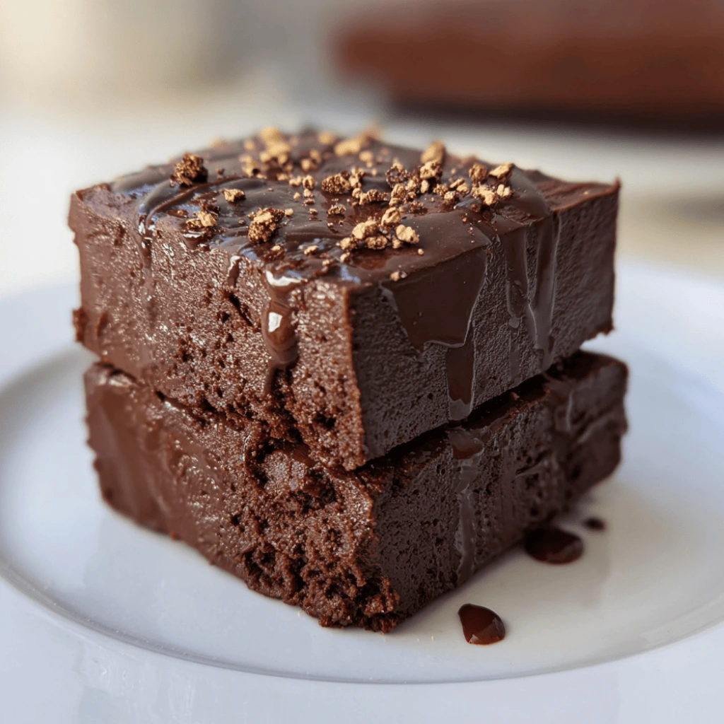  stacked cottage cheese fudge squares with melting chocolate
