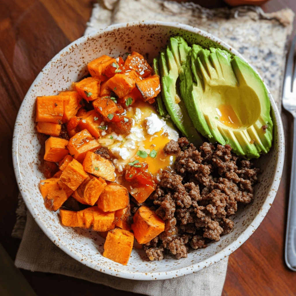 Hot Honey Ground Beef Bowl with avocado, sweet potatoes, and chili honey