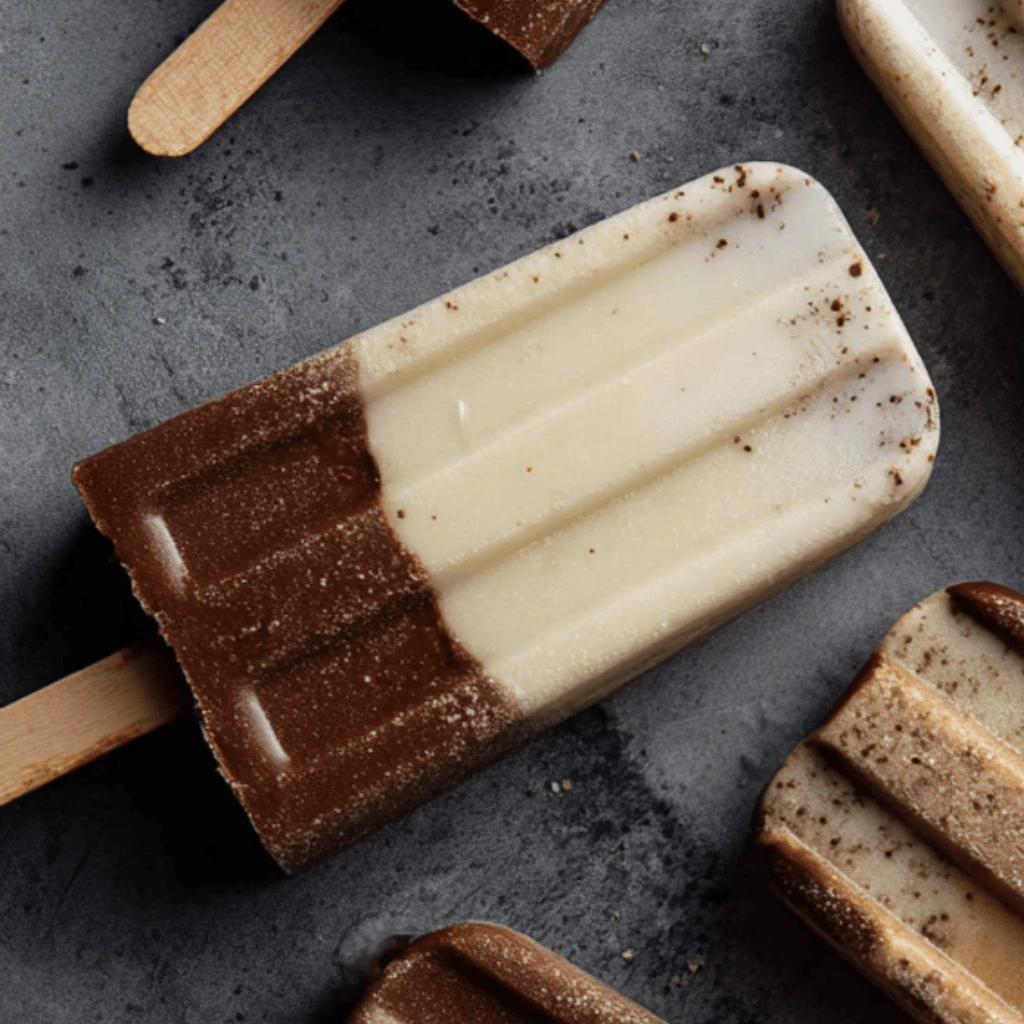 Vanilla and chocolate protein popsicles layered and swirled on concrete background
