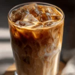 Glass of homemade tahini iced coffee with milk and ice, perfect post-workout drink